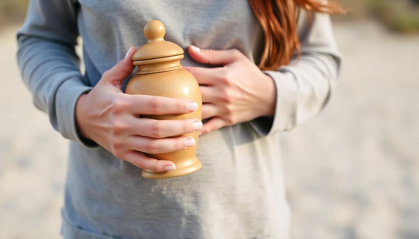 A serene image of a pet owner holding a small urn close to their heart