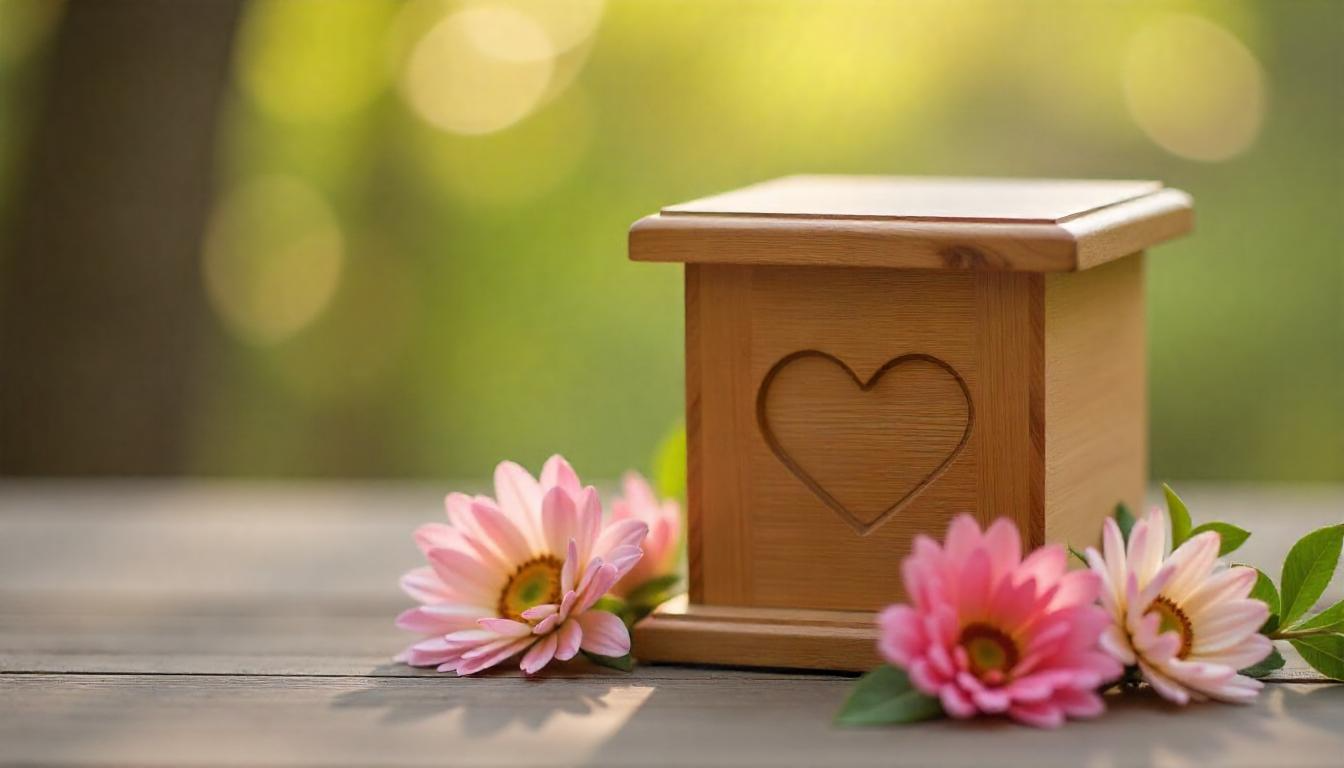 A serene image of a small wooden urn placed on a table with fresh flowers surrounding it