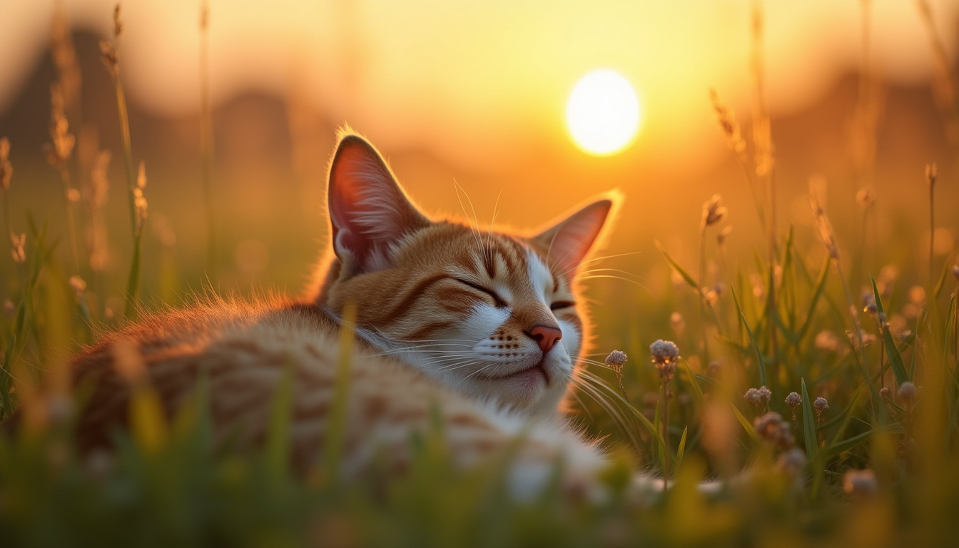 A soft-focus photograph of a cat resting peacefully in a field of tall grass