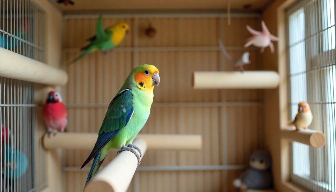 A spacious and well-organized bird cage featuring various perches, toys