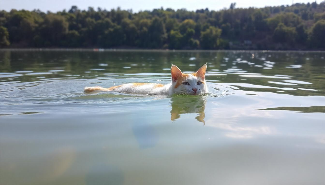 A Turkish Van cat playfully swimming in a calm, clear lake