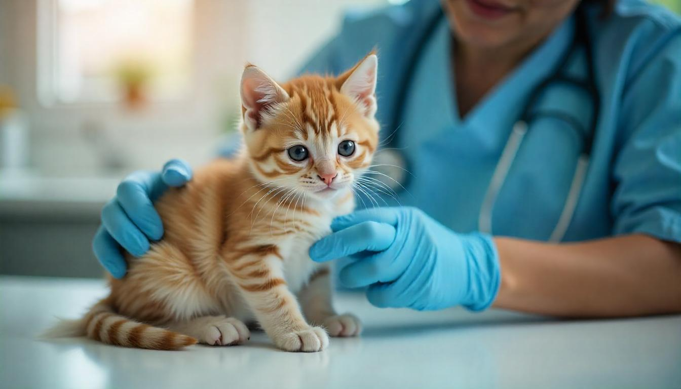 A veterinarian administering a vaccine to a playful kitten in a clinic