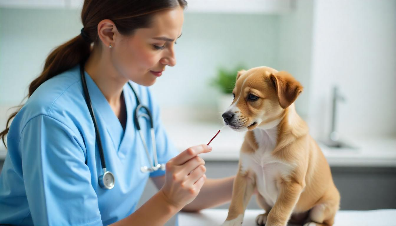 A veterinarian examining a cute puppy while holding a stool sample container