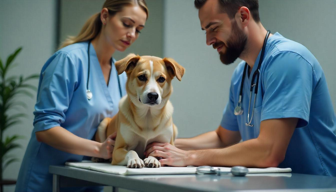 A veterinarian examining a dog on an examination table