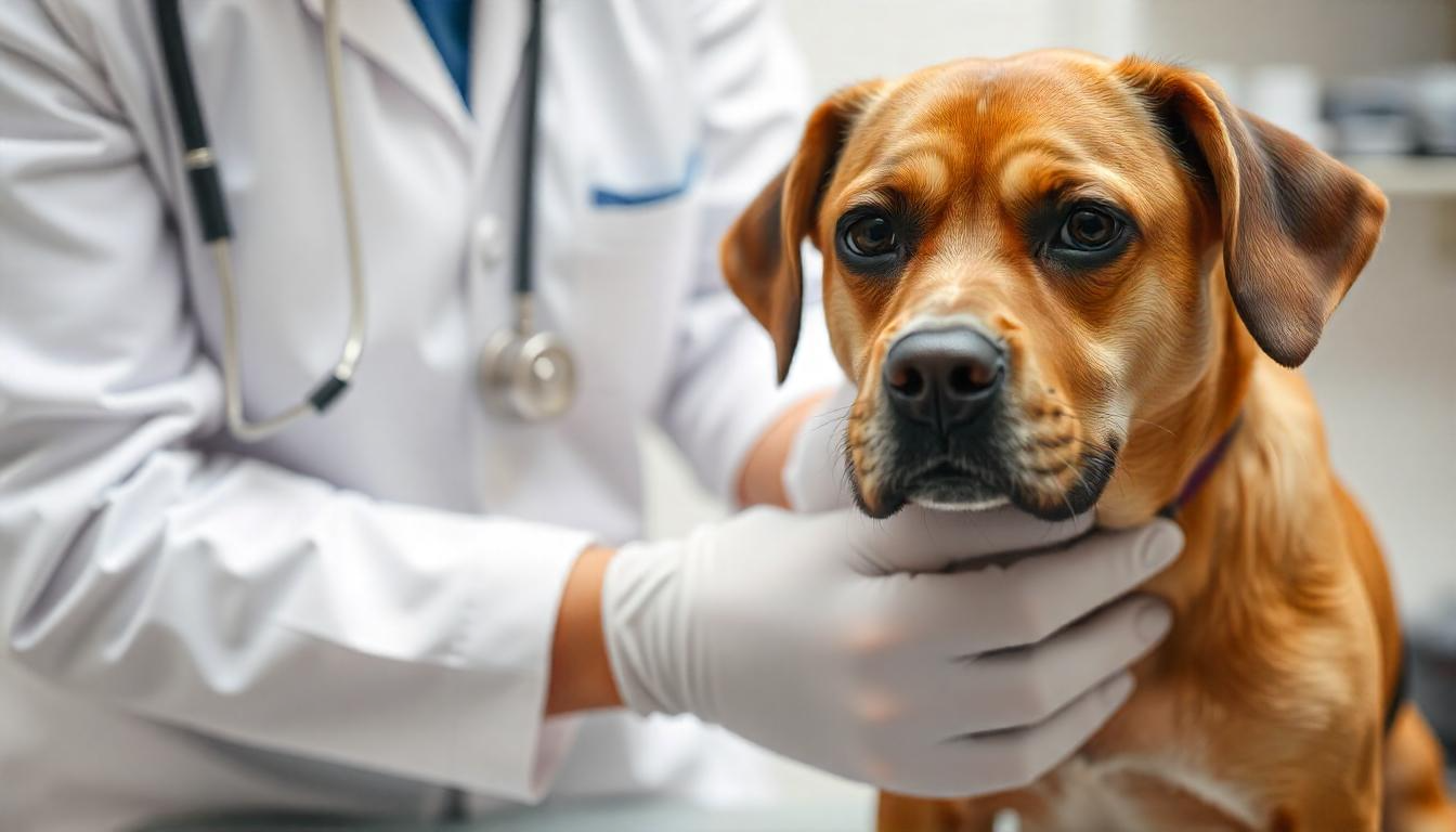 A veterinarian examining a dog