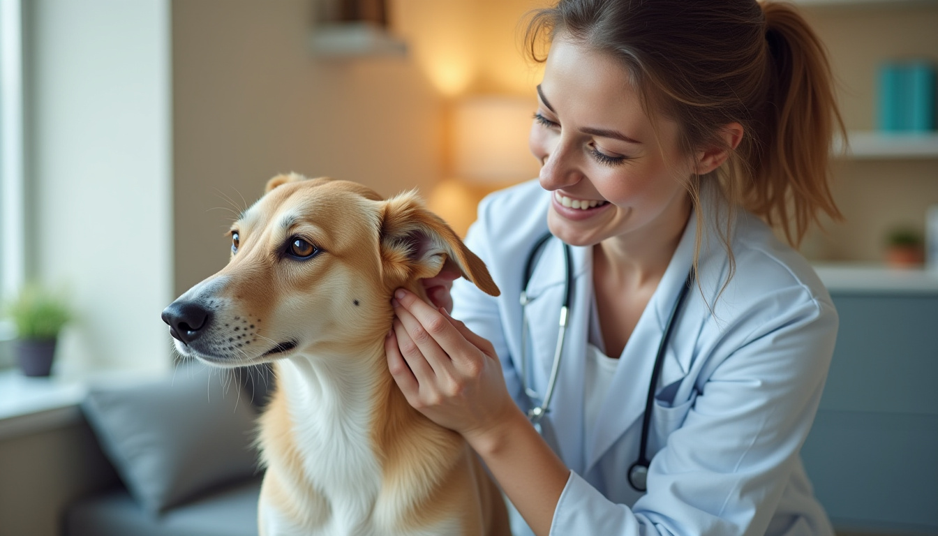 A veterinarian examining a dog's ear with a gentle smile