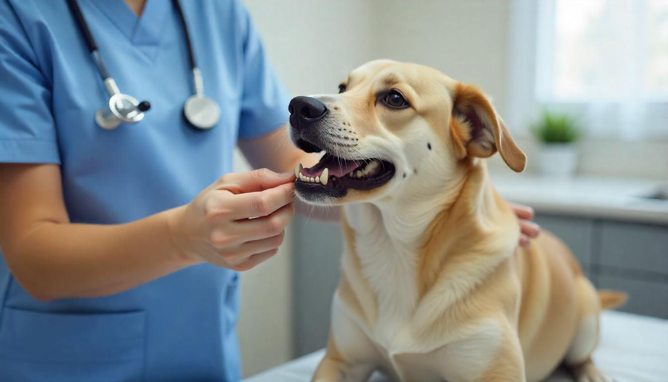 A veterinarian gently examining a dog's mouth