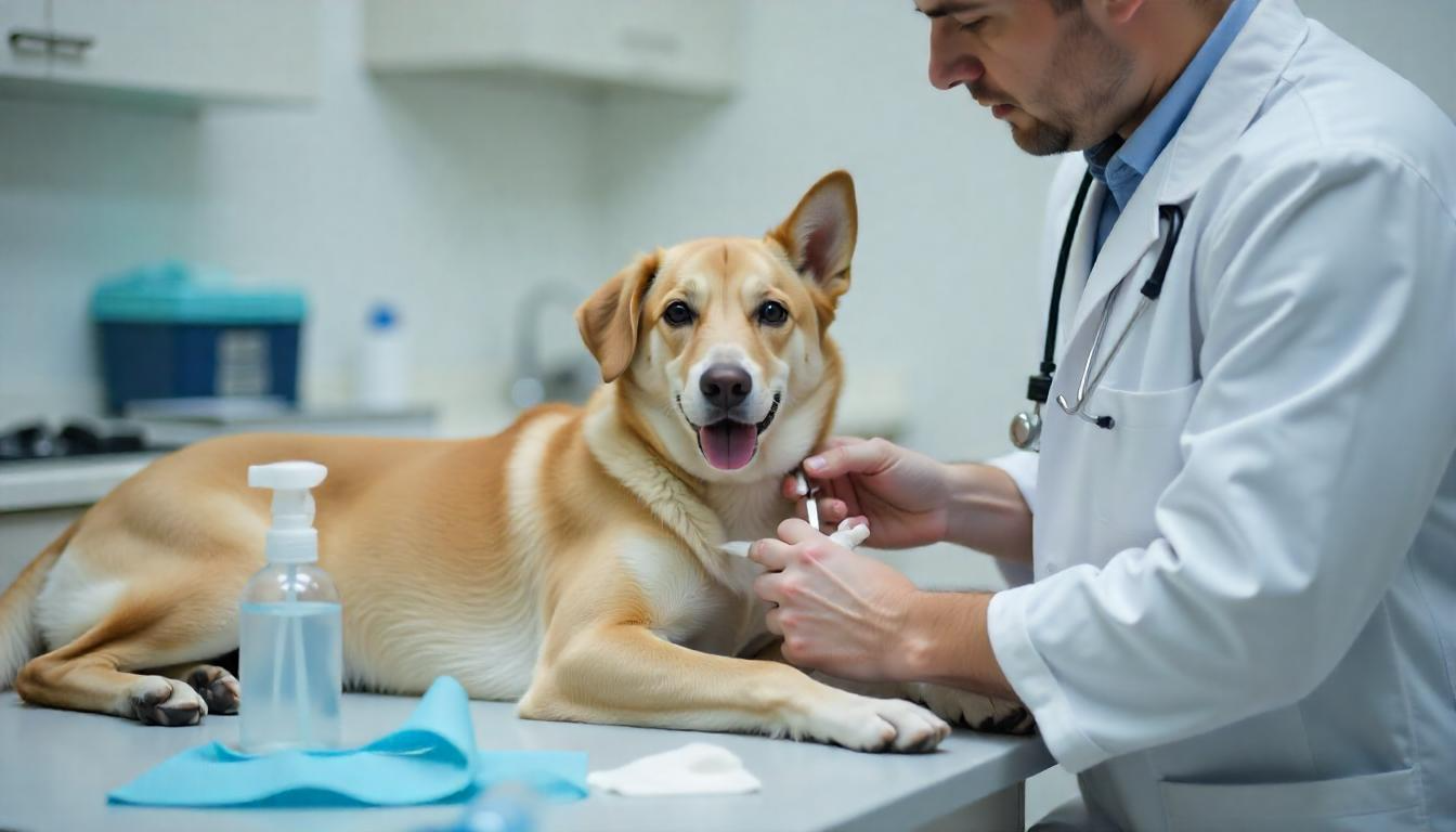 A veterinarian in a clinic examining a dog’s injury caused by a bite