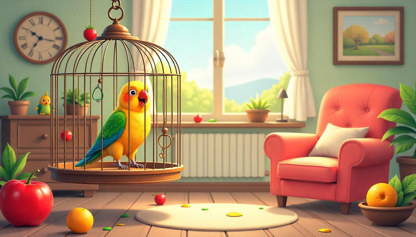 A vibrant and colorful illustration of a happy bird in its cage, surrounded by toys