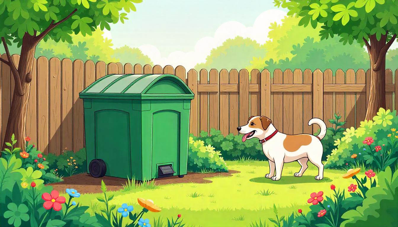 A vibrant illustration of a backyard garden with a dedicated dog waste composter