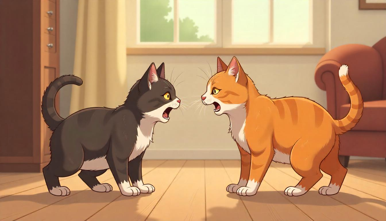 An illustration of two cats facing each other in a tense standoff