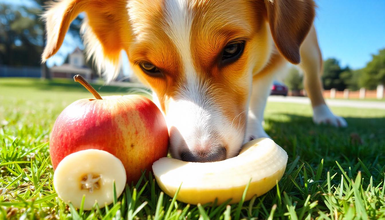 Close-up shot of a dog playfully sniffing a whole apple and a few banana slices placed on a grassy outdoor