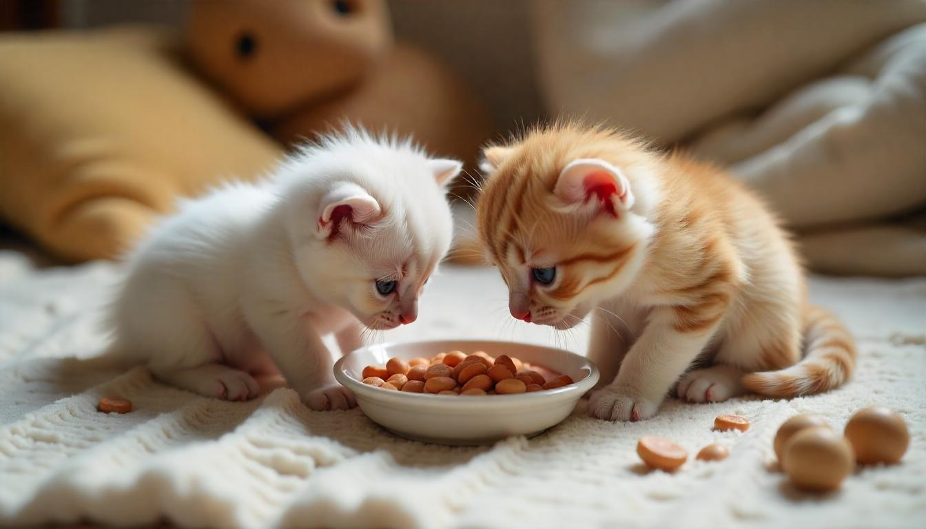 Cute fluffy kittens exploring a small dish of wet food, surrounded by soft blankets and toys in a cozy room