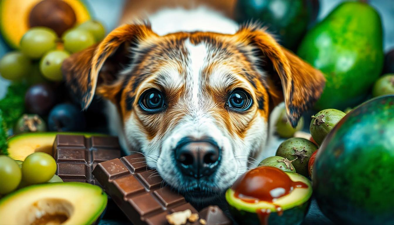 A close-up of a dog's face with a curious expression, surrounded by dangerous human foods