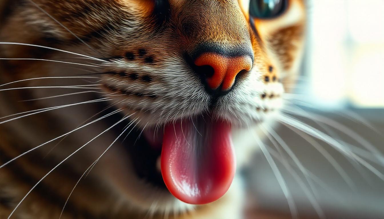 A close-up, high-resolution image of a cat's tongue showing the tiny, backward-facing papillae